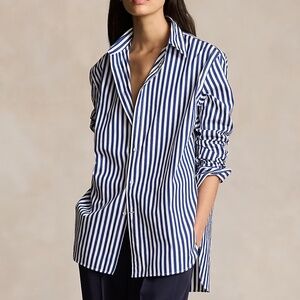 Polo Ralph Lauren Oversize Fit Striped Cotton Shirt Fall Royal/White M